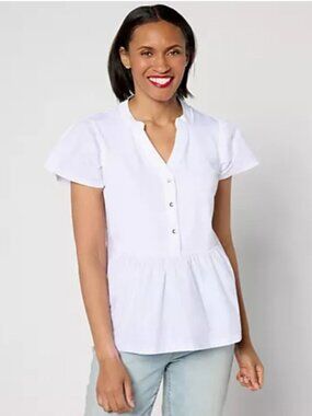 Anybody Women Top Sz XXS Flutter Sleeve Knit Woven Henley White A643853